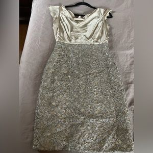 Silver Kay Unger satin and lace dress.